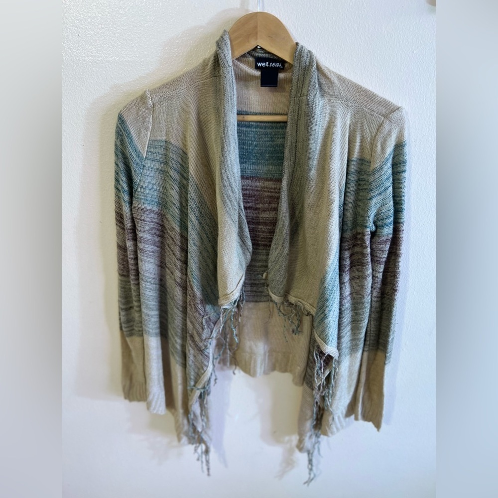 Wet Seal Long Sleeve Open Cardigan Sweater Women’s Fringe on Front Made U.S.A